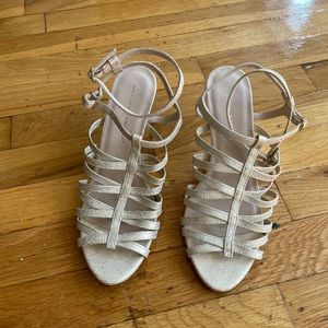 Loeffler Randall gold animal print leather strappy heeled sandals